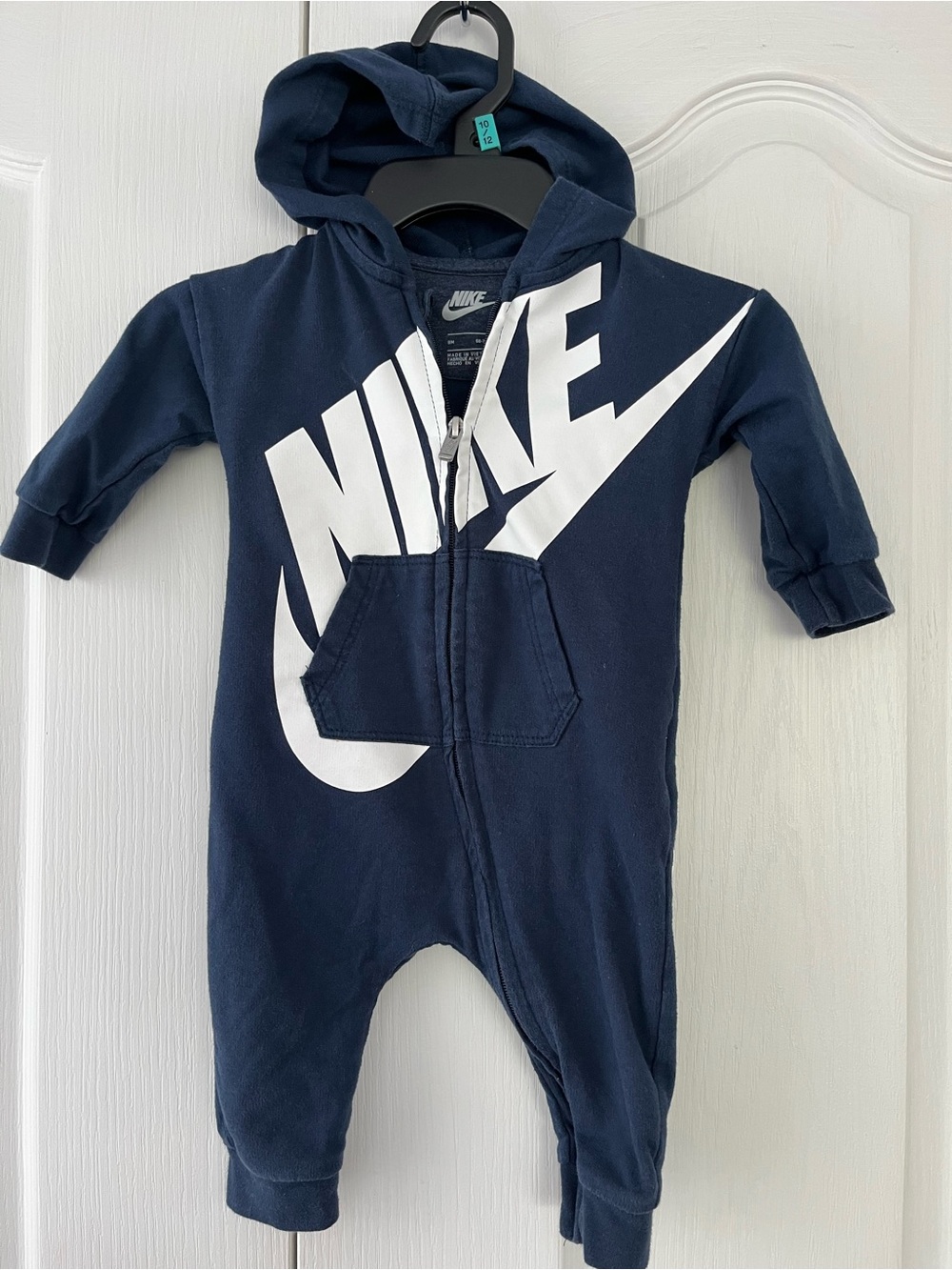 Nike Coverall Boys 9 Months Blue Hooded One-Piece Full Zip Logo Romper